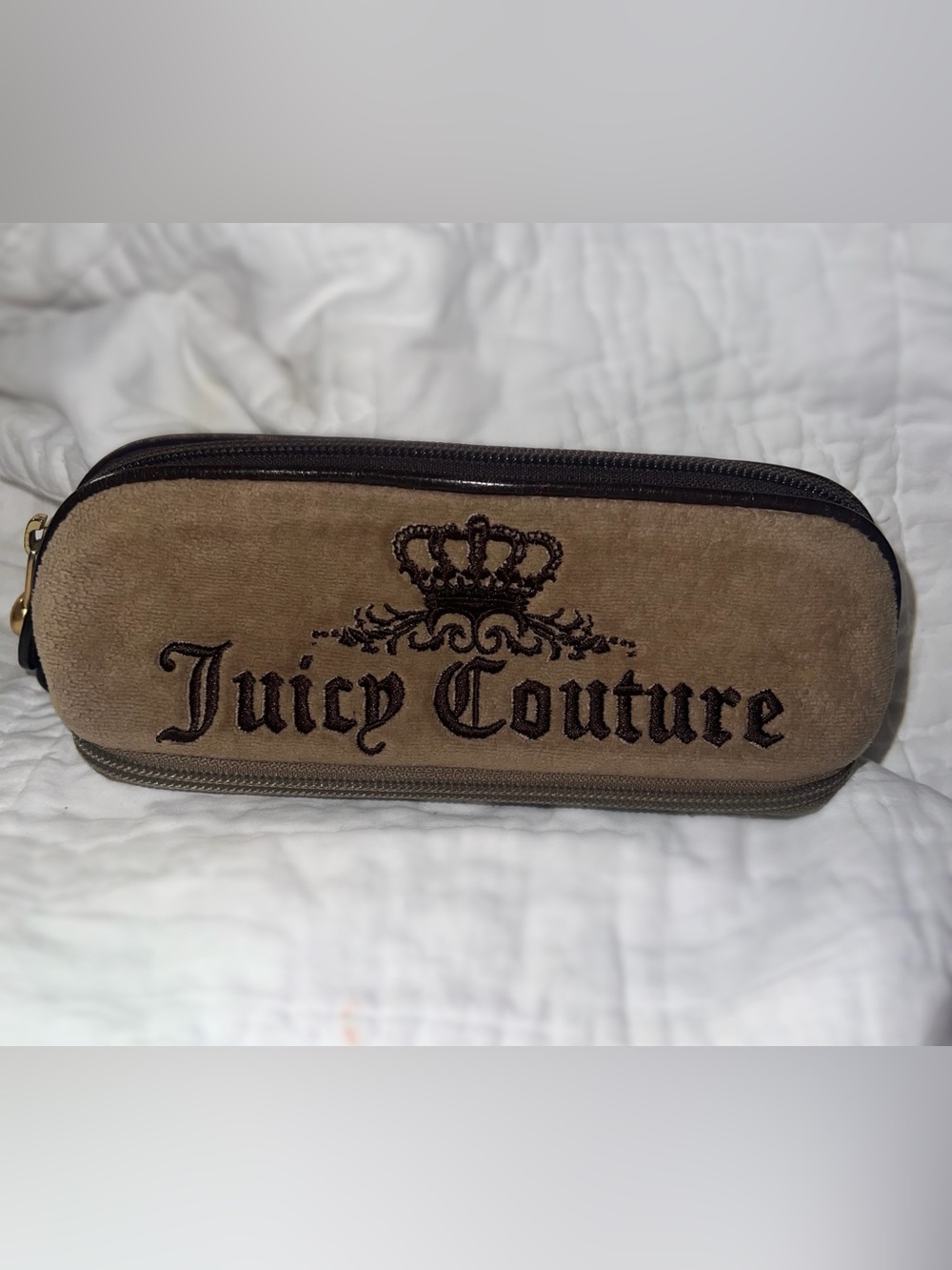 Y2K Juicy Couture Embroidered Velour Cosmetic Brush Pouch - Brown/Taupe